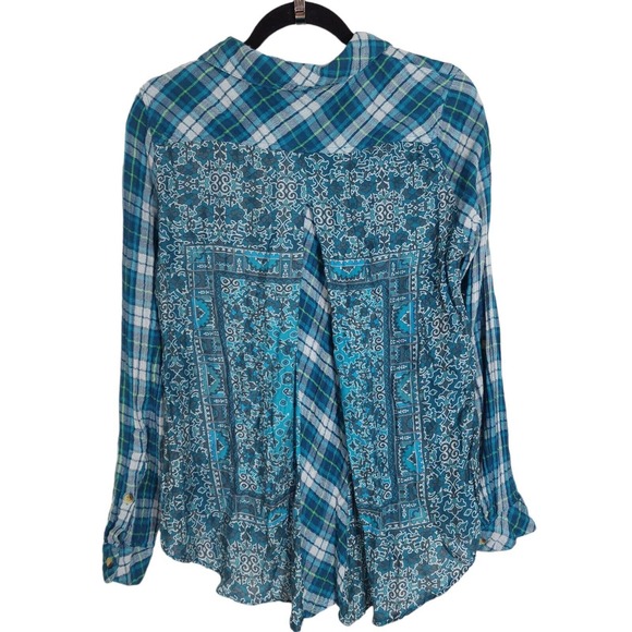 Tolani Womens Flannel Blue Green Plaid Slubbed Cotton Pleated Back Blouse Top M - Picture 2 of 11